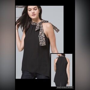 (B1) NWOT WHBM Black Halter Top Leopard Print Tie Neck High Low Sheer Blouse S